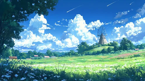 Windmill stands over bright rural meadow under vivid sky