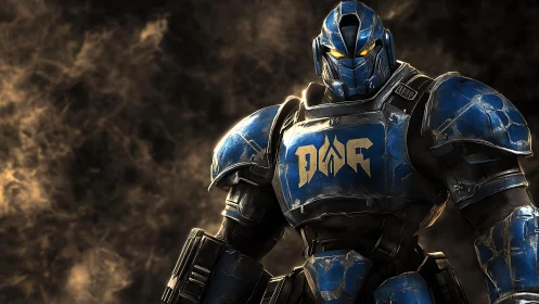 Armored blue mech warrior stands ready in smoky battlefield