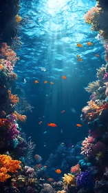 Colorful coral reef canyon with tropical fish under sunlight.