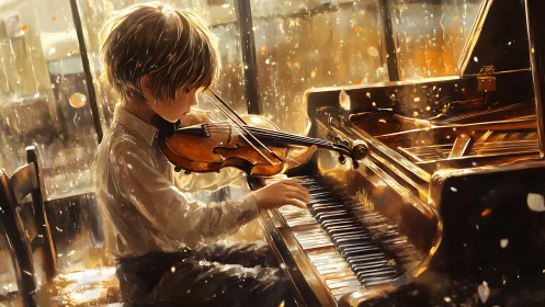 Young violinist plays piano in golden afternoon light.
