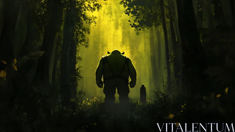 Giant armored figure entering luminous forest corridor.