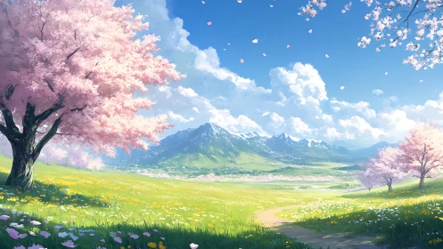 Spring blossoms drift across a sunlit valley of wildflowers