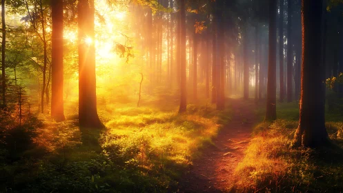 Sunlit forest path at sunrise with golden mist, nature scenery.