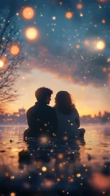 Two figures seated in water beneath luminescent sky display.