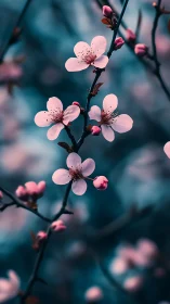 Pink cherry blossoms on dark branches with blurred teal background.