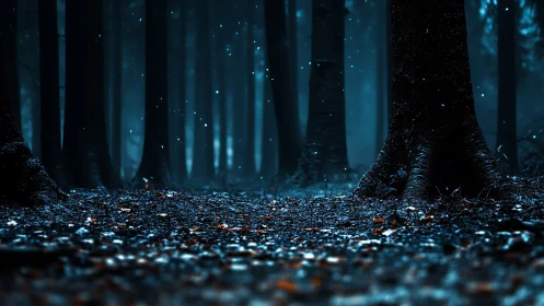 Luminescent Forest Floor at Night with Glowing Particles.