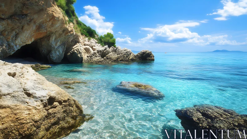 Sunlit cove daydream with crystal tides and rocky guardians.