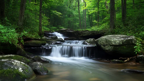 Peaceful forest waterfall with mossy rocks in natural landscape.