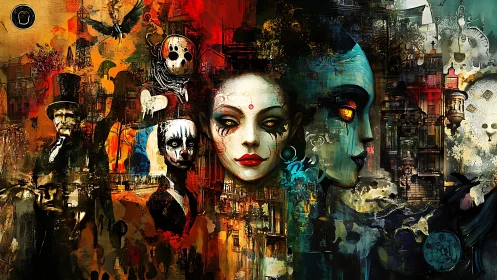 Dreamlike carnival faces drifting through a vivid urban night.