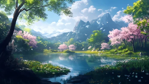 Spring mountains glow above a tranquil cherry blossom lake