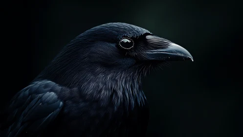 Raven head profile with detailed feather texture against dark background.