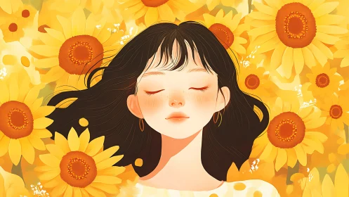 Sunlit girl rests peacefully amid bright summer sunflowers.
