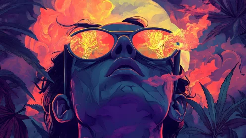 Psychedelic portrait shows reflective sunglasses under neon sky