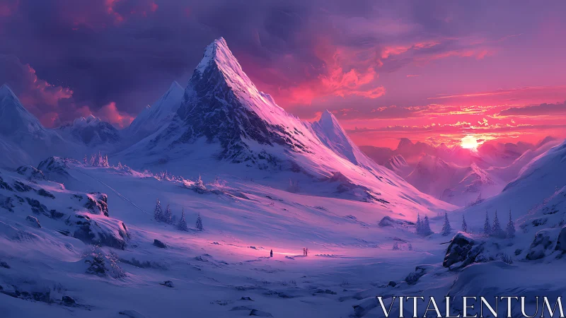 Snow-covered mountain range under vivid sunset sky.