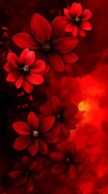 Red Flowers Against Atmospheric Red Background.