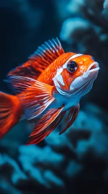Red tropical fish in sharp focus against blue reef background.