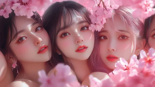 Ethereal trio framed by luminous pink sakura blossoms.