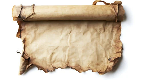 Burnt edged parchment scroll unrolled on plain white background.