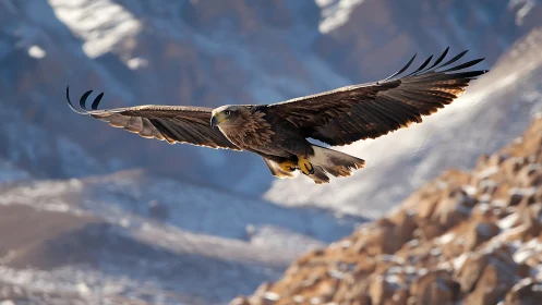 Majestic golden eagle soaring over rugged snowy mountain landscape.