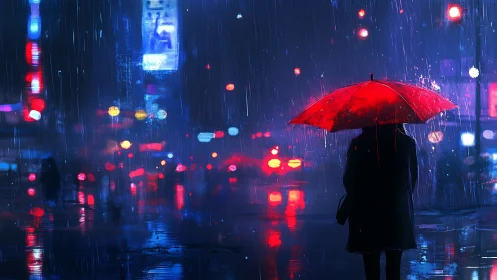 Crimson umbrella glows gently in a rain-soaked neon city