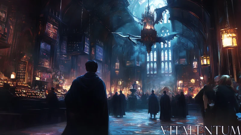 Cloaked scholars gather beneath dragonlit cathedral skies