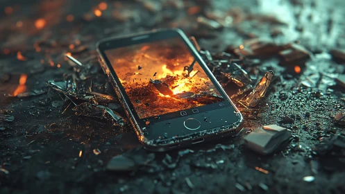 Shattered smartphone glows with fiery digital chaos on ground