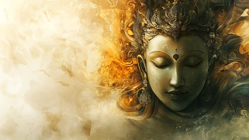 Radiant meditative deity rendered in swirling digital aureole.