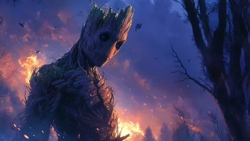 Wooden forest guardian stands against burning twilight sky