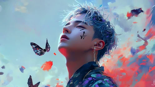Digital portrait of dreamy youth with butterflies and sky.