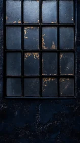 Grimy industrial window reflects faint warm light on dark wall