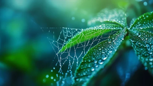 Morning dewdrops tracing a delicate web over green leaves.