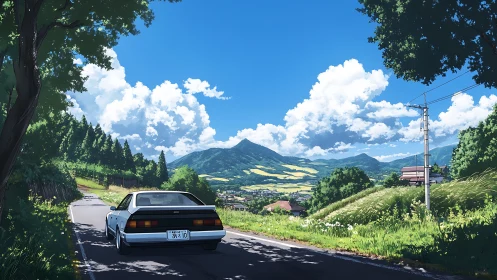 White sports car on rural road facing distant mountain valley