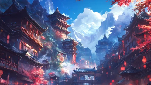 Mountain valley city with red lanterns and tiered temples.