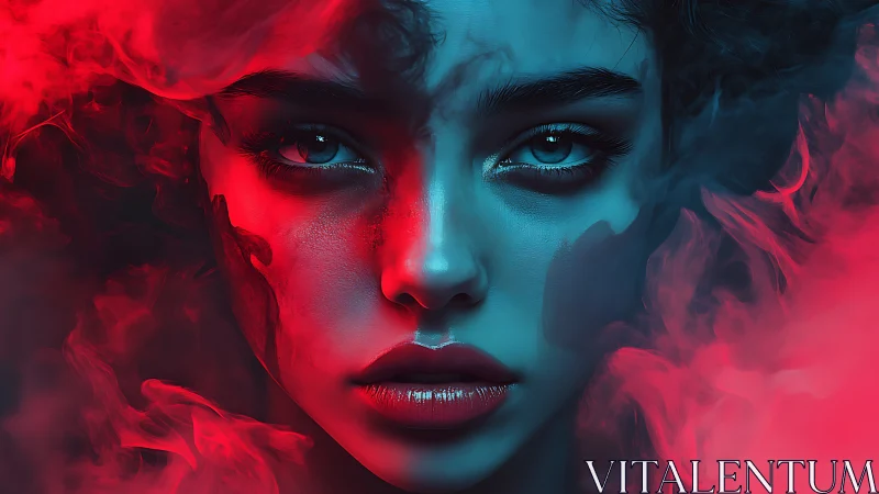 Enigmatic woman's face glows in moody red and cyan haze