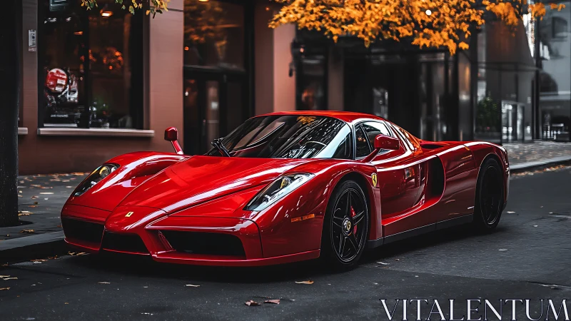 Red supercar resting under soft autumn city light.