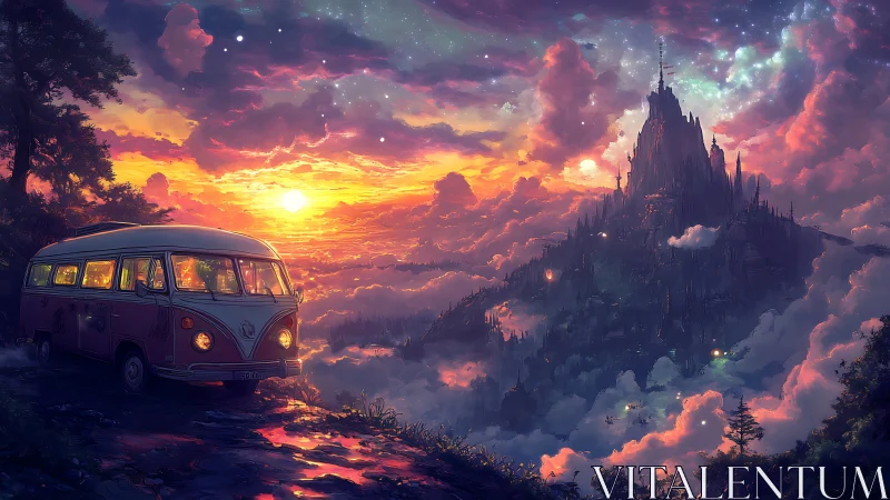 Vintage van facing distant cloud city at vivid sunset.