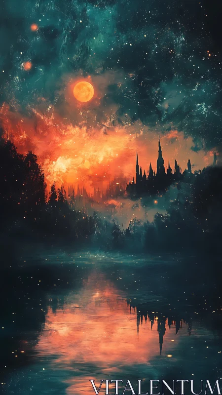 Castle skyline under red moon with reflective lake surface.