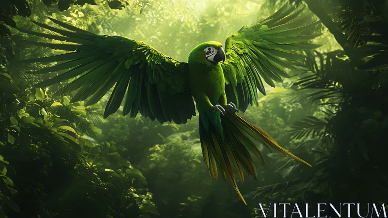 Emerald macaw suspended in glowing jungle canopy light.