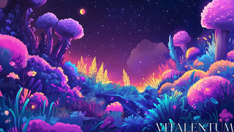 Luminous alien forest glows under starry twilight sky