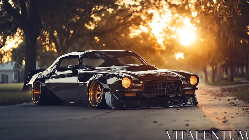 Low-slung black muscle car on quiet tree-lined street at dusk.