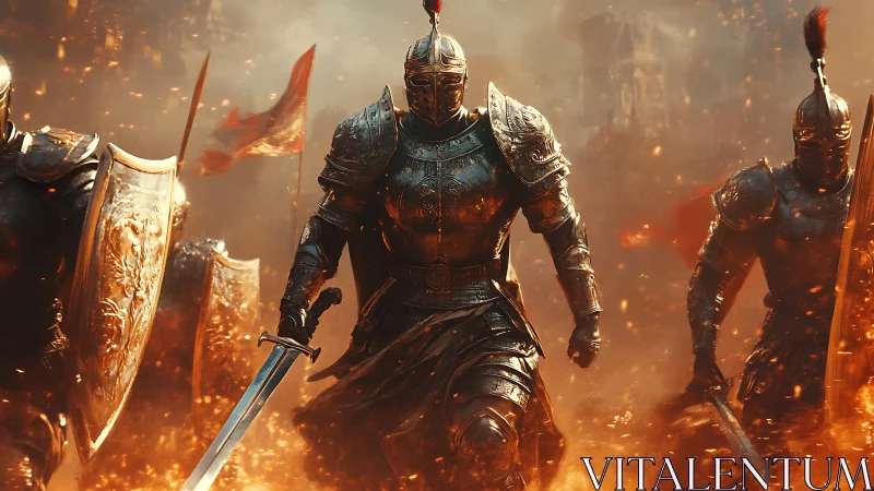 Armored knights advance through embers in dynamic battle charge