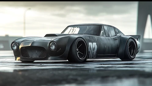 Widebody race car sits on wet pavement under overcast sky
