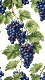Plump grape clusters hang on leafy vines in vintage pattern