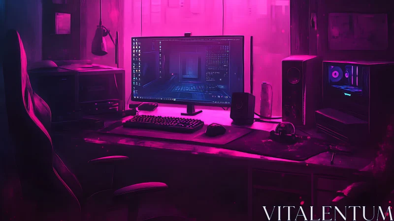 Neon-lit gaming sanctuary glowing in cyber magenta haze.