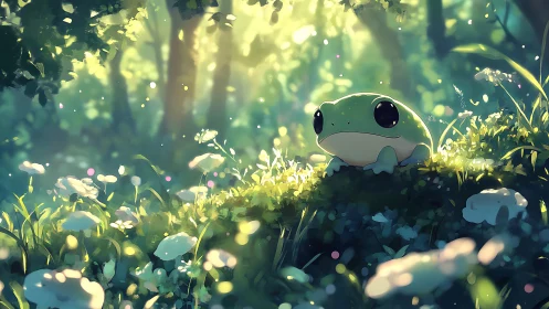 Green frog resting in soft sunlit forest clearing.