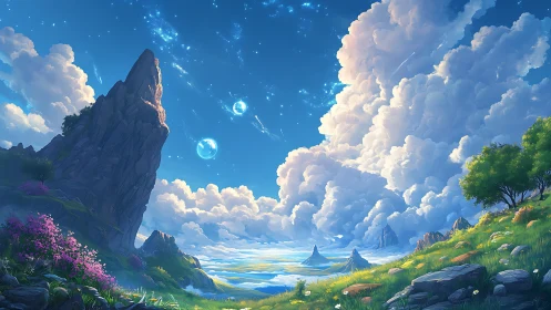 Fantasy mountain meadow under luminous celestial sky.