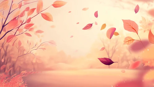 Whispering autumn leaves drift through rosy twilight air.