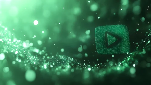 Digital Play Button Icon in Glowing Green Abstract Particle Style.
