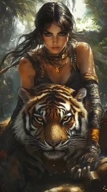 Warrior woman aligns gaze with tiger in dense jungle light