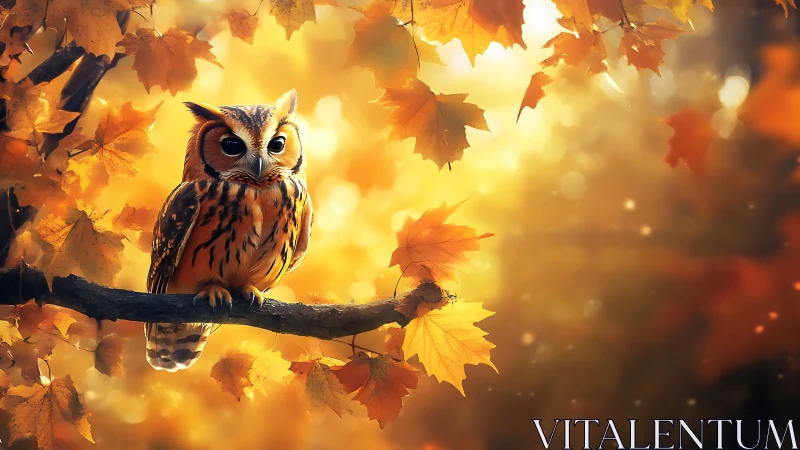 Autumn owl perched on branch in glowing fall forest scene.